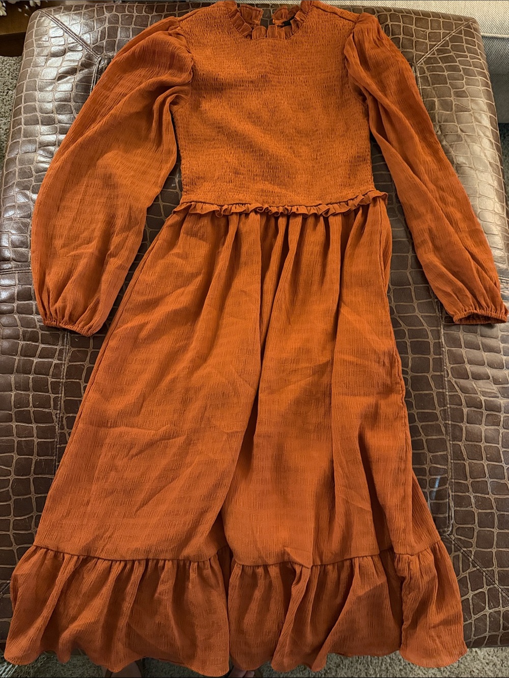 Lulus Rust Orange Long Sleeve Ruffle Hem Dress